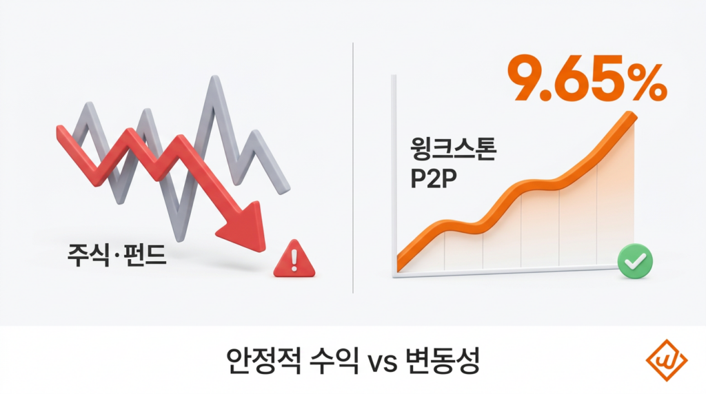 변동성이 큰 주식·펀드와 안정적인 9.65% P2P 수익 구조를 좌우로 대비한 비교 히어로 일러스트
