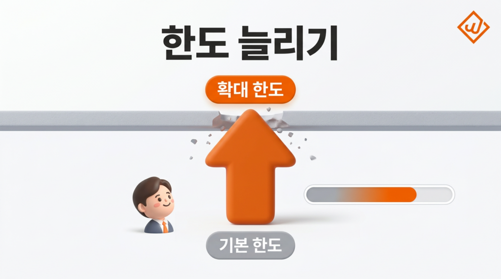 기본 투자 한도와 확대 한도 칩 위로 큰 화살표가 천장을 뚫고 올라가는 한도 확대 상징 일러스트