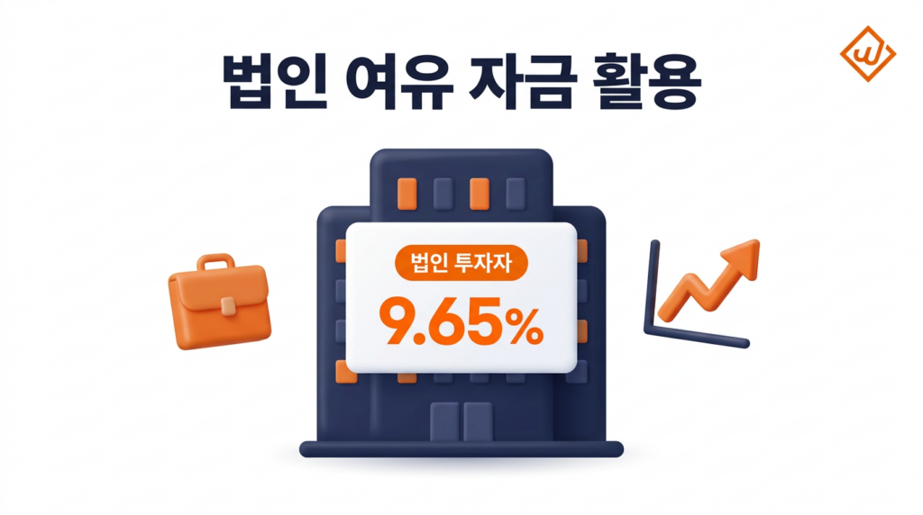 오피스 빌딩 아이콘과 법인 투자 카드, 9.65% 수익 정보가 있는 법인 투자 소개 히어로 일러스트