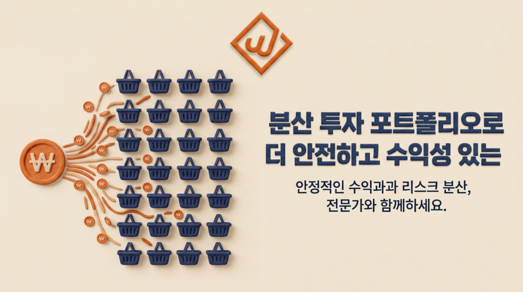 대형 오렌지 코인이 격자형 다수의 네이비 소형 바구니로 고르게 분산되는 3D 클레이 일러스트, 윙크스톤 로고, 리스크 분산 투자 개념 시각화