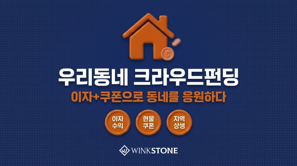 우리동네 크라우드펀딩 이자+쿠폰으로 동네를 응원하다 대표 썸네일 인포그래픽 — 네이비 배경 3D 주황색 집 코인 아이콘 이자 수익 현물 쿠폰 지역 상생 원형 배지 윙크스톤 블로그용