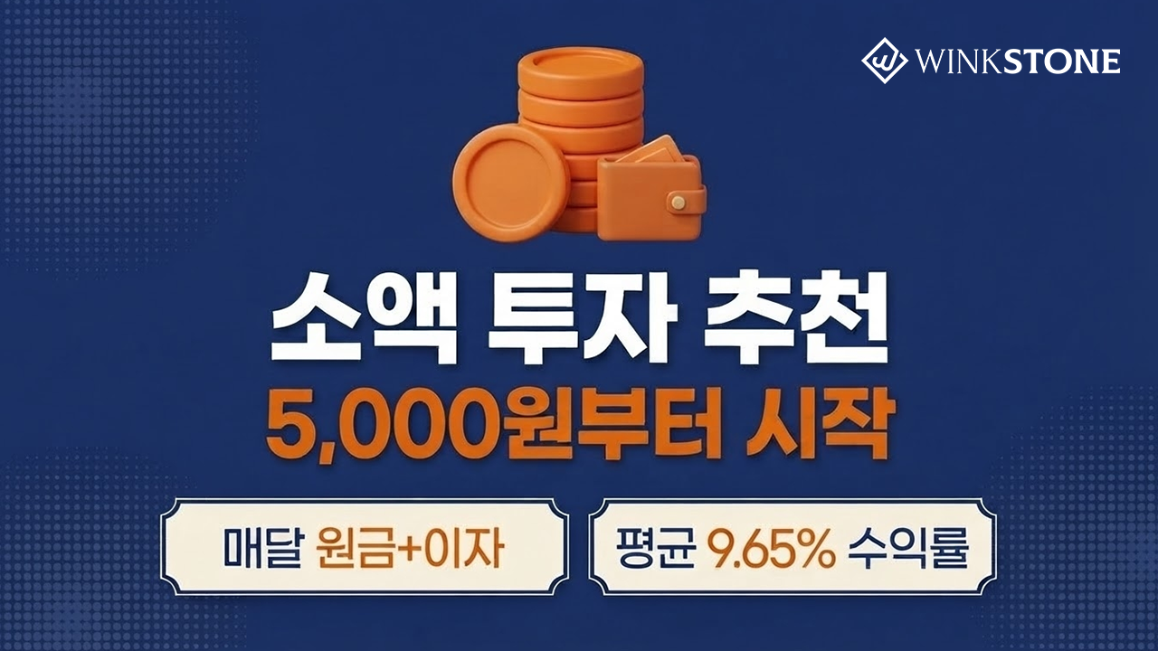 소액 투자 추천 5000원부터 시작 대표 썸네일 인포그래픽 — 네이비 배경 3D 주황 동전 스택 지갑 아이콘 소액 투자 추천 5000원부터 시작 매달 원금+이자 9.65% 윙크스톤