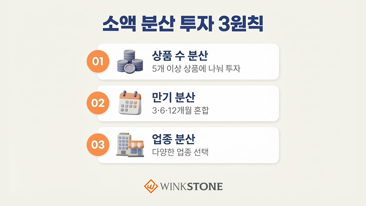 소액 투자 추천 소액 분산 투자 3원칙 카드형 인포그래픽 — 01 상품 수 분산 5개 이상 나눠 투자 02 만기 분산 3·6·12개월 혼합 03 업종 분산 다양한 업종 선택 윙크스톤